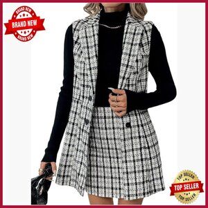 Workwear Plaid Vest Blazer and Skirt Set 2 Piece Outfit Regular Fit